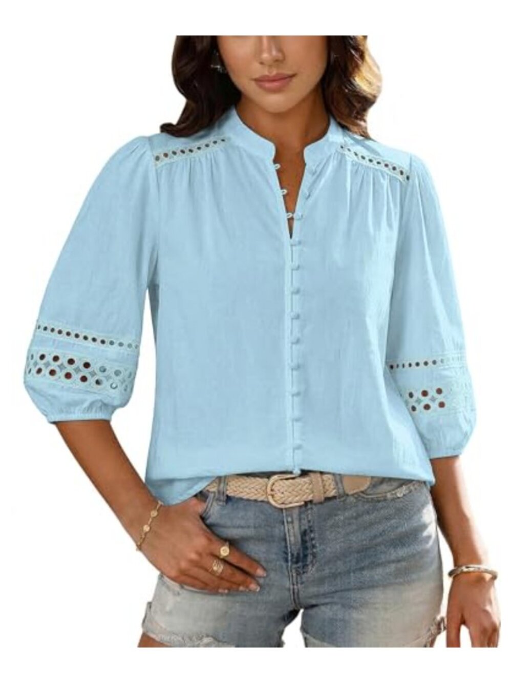 Women Cotton Eyelet Button Down Blouse 3/4 Puff Sleeve Mandarin Collar Boho Top